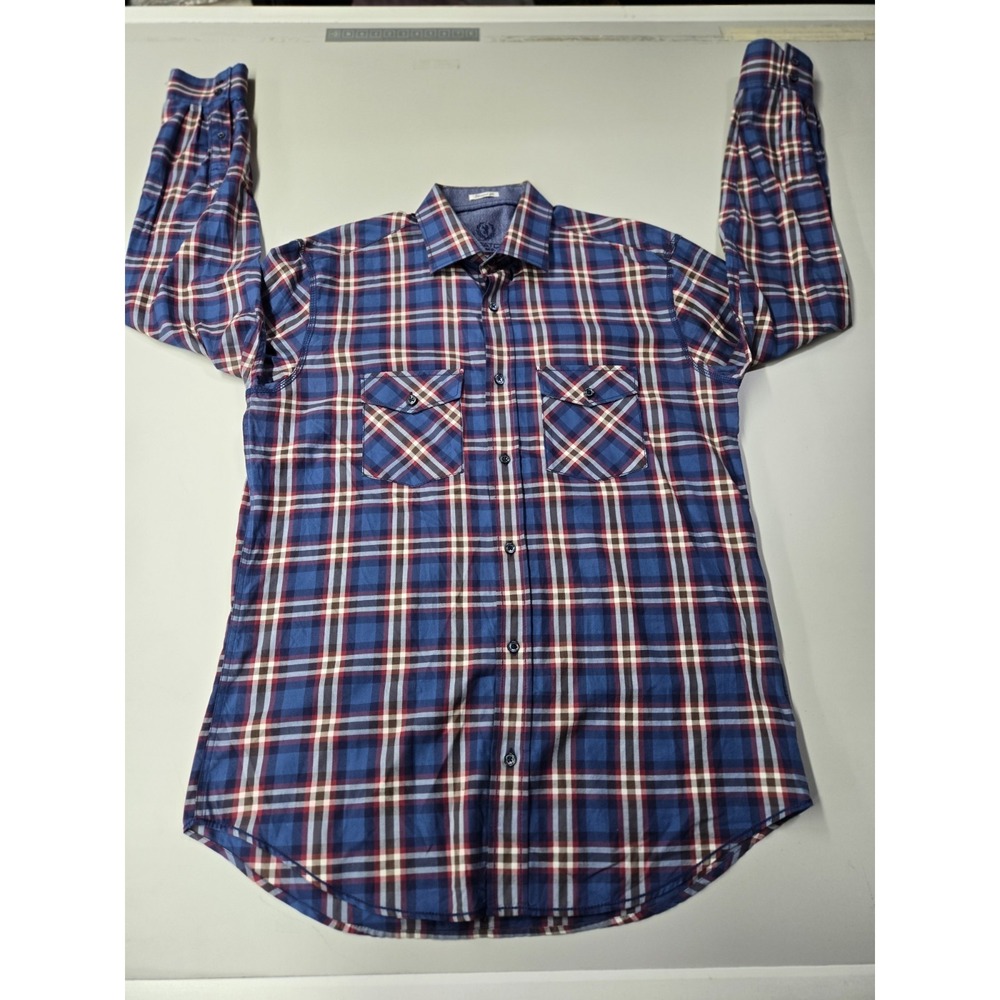 Bugatchi Men's Long Sleeve Shaped Fit Blue Plaid Button Up Shirt Size M